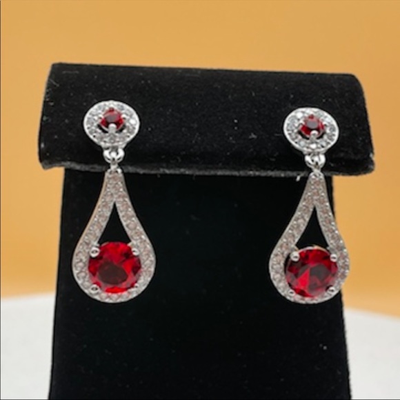 925 Sterling Silver Red Ruby Diamond Tear Drop Pear Cut Elegant Dangle Earrings - Picture 3 of 13